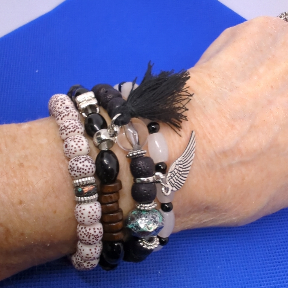 4 Pcs. Stackable Bohemian Tassel & Dangling Charms Beaded Bracelet NEW